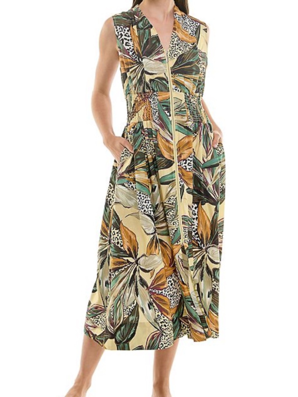 NWT Nicole Miller Fit & Flare Midi Dress Size Large 12–14 Neck Smocked Waist